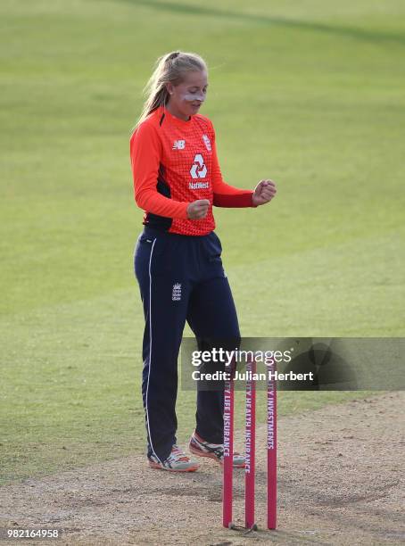 Sophie Ecclestone of England acknowledges the wicket of Anna Peterson of New Zealand during the International T20 Tri-Series match between England...