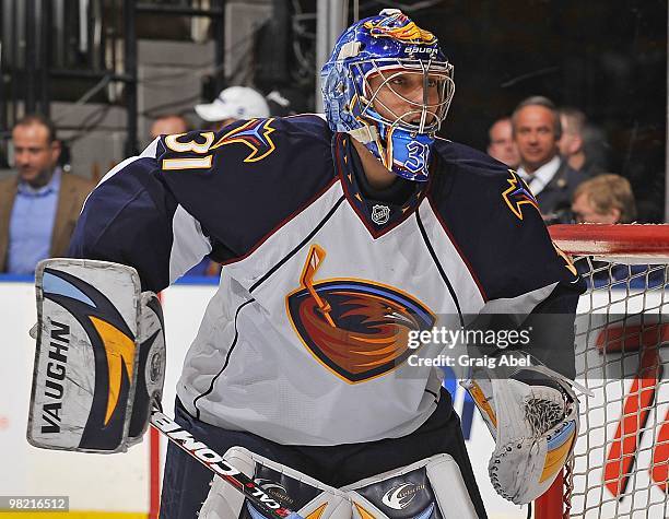 Ondrej Pavelec of the Atlanta Thrashers looks on during a break in game action against he Toronto Maple Leafs on March 30, 2010 at the Air Canada...