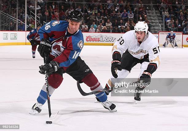 Darcy Tucker of the Colorado Avalanche skates against the Anaheim Ducks at the Pepsi Center on March 31, 2010 in Denver, Colorado. The Ducks defeated...