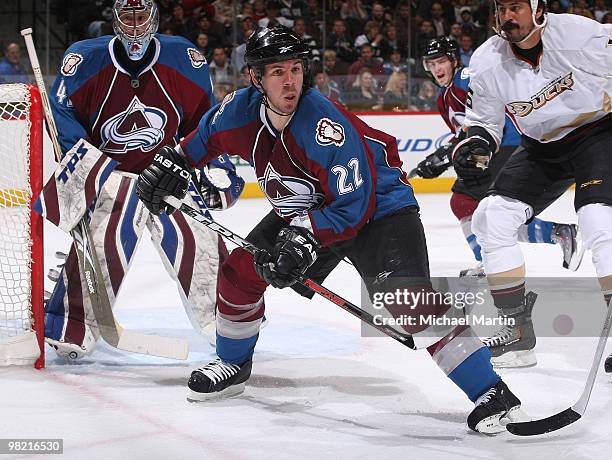 Scott Hannan of the Colorado Avalanche skates against the Anaheim Ducks at the Pepsi Center on March 31, 2010 in Denver, Colorado. The Ducks defeated...