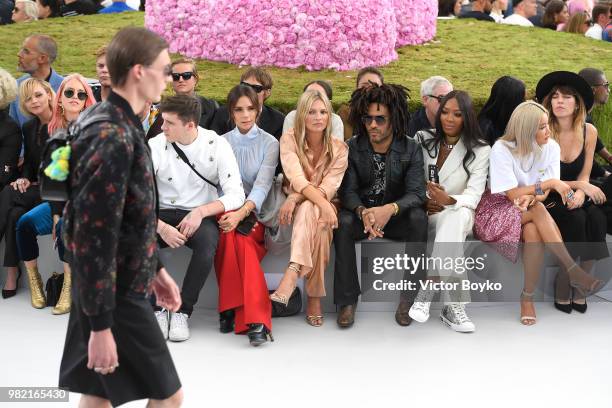 Front row from left to right, Brooklyn Beckham, Victoria Beckham, Nikolai Von Bismarck, Kate Moss, Lenny Kravitz, Naomi Campbell, Yoon Ahn and Lou...