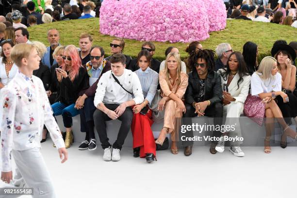 Front row from left to right, Luca Guadagnino, Brooklyn Beckham, Victoria Beckham, Nikolai Von Bismarck, Kate Moss, Lenny Kravitz, Naomi Campbell,...