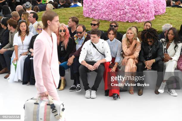 Front row from left to right, Jade Jagger, Kelly Osbourne, guest, Luca Guadagnino, Brooklyn Beckham, Victoria Beckham, Nikolai Von Bismarck, Kate...