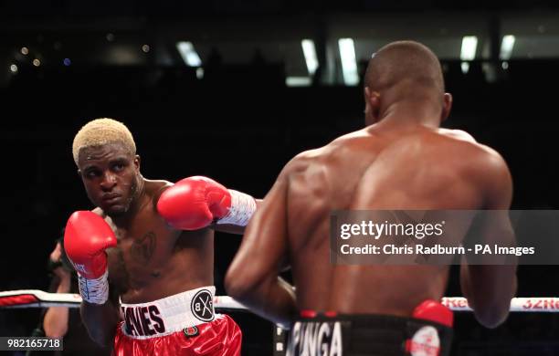 Paul Kamanga and Ohara Davies during the WBC International Super Light Weight Championship match at The O2, London.