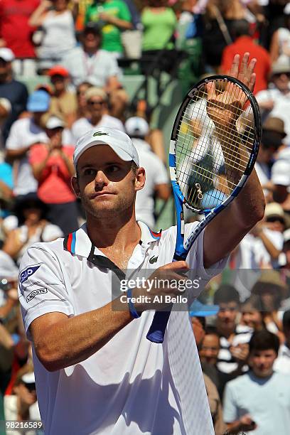 Andy Roddick of the United States celebrates after defeating Rafael Nadal of Spain during day eleven of the 2010 Sony Ericsson Open at Crandon Park...