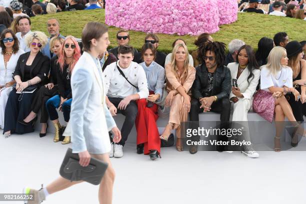 Front row from left to right, Jade Jagger, Kelly Osbourne, Christina Ricci, guest, Luca Guadagnino, Brooklyn Beckham, Victoria Beckham, Nikolai Von...