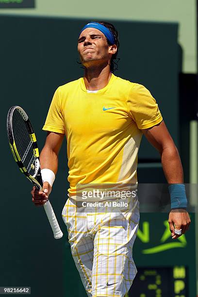 Rafael Nadal of Spain reacts against Andy Roddick of the United States during day eleven of the 2010 Sony Ericsson Open at Crandon Park Tennis Center...