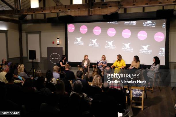Ophira Eisenberg, Nancy Schwartzman, Miranda Bailey, Alysia Reiner, Jeanne Tripplehorn and Sera Gamble speak onstage during Women Behind the Words at...