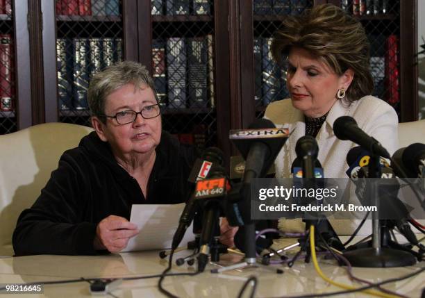 Maureen Decker, Tiger Woods' former kindergarten teacher and attorney Gloria Allred speak during a press conference at the law offices of attorney...