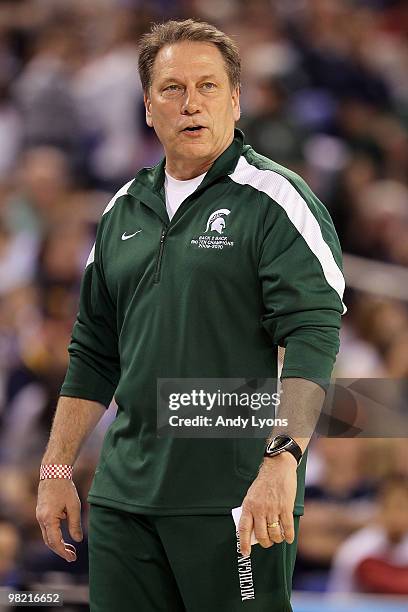 Head coach Tom Izzo of the Michigan State Spartans looks on during practice prior to the 2010 Final Four of the NCAA Division I Men's Basketball...