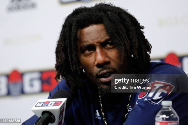 Amar'e Stoudemire of Tri State speaks to the media after a game against Trilogy during week one of the BIG3 three on three basketball league at...