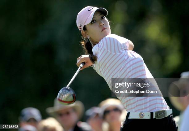 Michelle Wie hits her tee shot on the 16th hole dduring the second round of the Kraft Nabisco Championship at Mission Hills Country Club on April 2,...