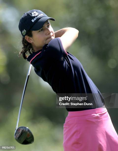 Lorena Ochoa of Mexico hits her tee shot on the third hole during the second round of the Kraft Nabisco Championship at Mission Hills Country Club on...