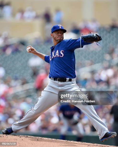 Yovani Gallardo of the Texas Rangers delivers a pitch against the Minnesota Twins during the first inning of the game on June 23, 2018 at Target...