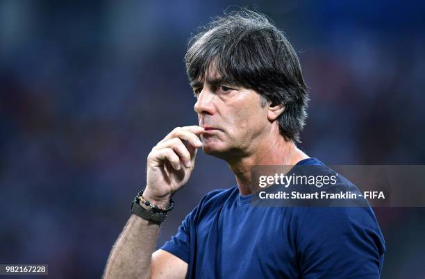 Joachim Loew, Manager of Germany looks on during the 2018 FIFA World Cup Russia group F match between Germany and Sweden at Fisht Stadium on June 23,...