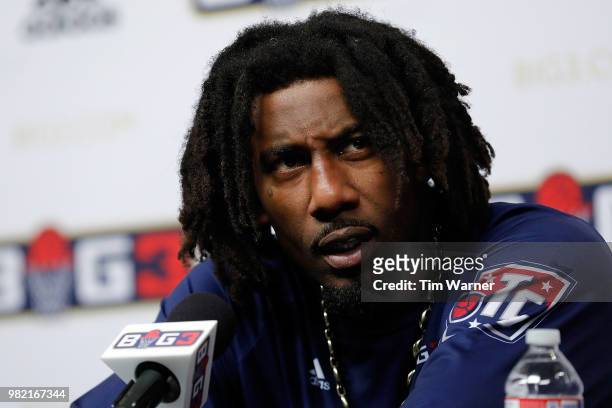 Amar'e Stoudemire of Tri State speaks to the media after a game against Trilogy during week one of the BIG3 three on three basketball league at...