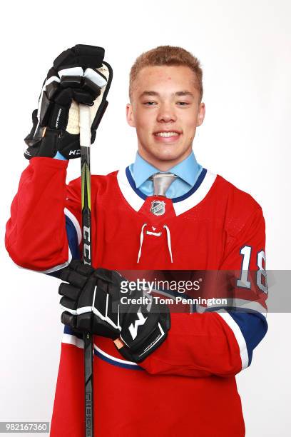 Jordan Harris poses after being selected 71st overall by the Montreal Canadiens during the 2018 NHL Draft at American Airlines Center on June 23,...