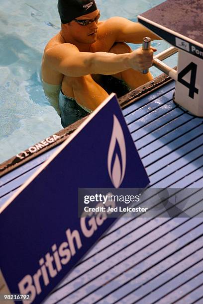 Liam Tancock prepares before the start of the 100m backstroke at the British Gas Swimming Championships event at Ponds Forge Pool on April 2, 2010 in...