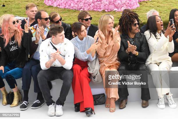 Front row from left to right, Luca Guadagnino, Brooklyn Beckham, Victoria Beckham, Nikolai Von Bismarck, Kate Moss, Lenny Kravitz and Naomi Campbell...