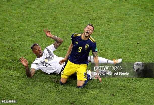 Jerome Boateng of Germany brings down Marcus Berg of Sweden to earn his second yellow card and be sent sent off during the 2018 FIFA World Cup Russia...