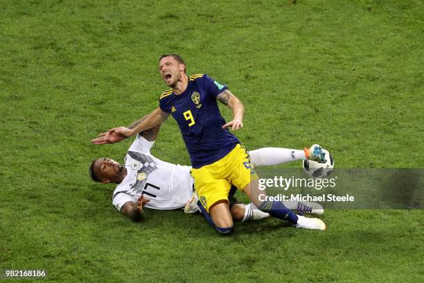 Jerome Boateng of Germany brings down Marcus Berg of Sweden to earn his second yellow card and be sent sent off during the 2018 FIFA World Cup Russia...