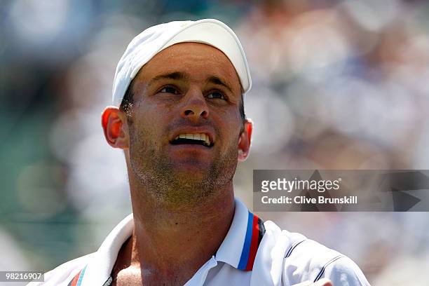 Andy Roddick of the United States looks on against Rafael Nadal of Spain during day eleven of the 2010 Sony Ericsson Open at Crandon Park Tennis...