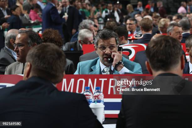 Montreal Canadiens general manager Marc Bergevin presides over the draft during the 2018 NHL Draft at American Airlines Center on June 23, 2018 in...