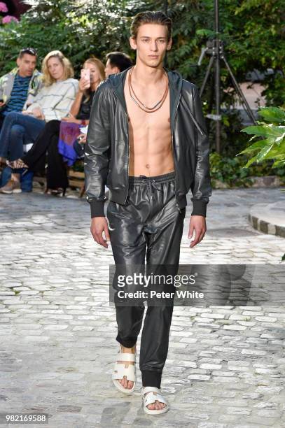 Model walks the runway during the Hermes Menswear Spring/Summer 2019 show as part of Paris Fashion Week on June 23, 2018 in Paris, France.