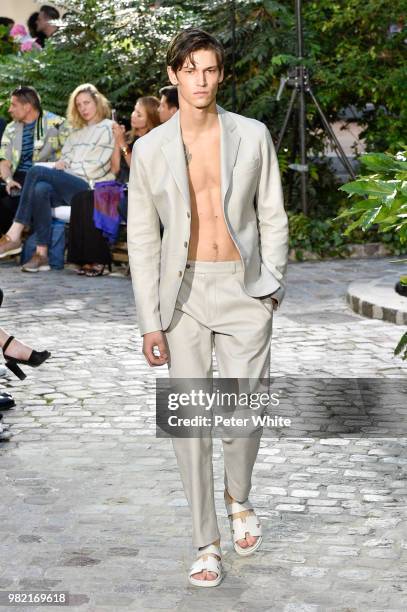 Model walks the runway during the Hermes Menswear Spring/Summer 2019 show as part of Paris Fashion Week on June 23, 2018 in Paris, France.