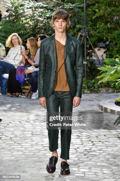 Model walks the runway during the Hermes Menswear Spring/Summer 2019 show as part of Paris Fashion Week on June 23, 2018 in Paris, France.