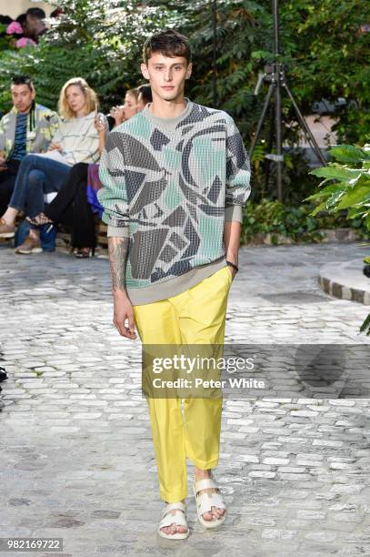 Model walks the runway during the Hermes Menswear Spring/Summer 2019 show as part of Paris Fashion Week on June 23, 2018 in Paris, France.