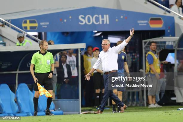 Janne Andersson, Head coach of Sweden reacts during the 2018 FIFA World Cup Russia group F match between Germany and Sweden at Fisht Stadium on June...