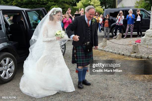 Rose Leslie arriving at Rayne Church in Kirkton on Rayne for the wedding of Kit Harrington and Rose Leslie on June 23, 2018 in Aberdeen, Scotland.