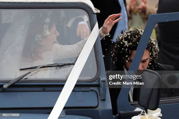 Kit Harrington and Rose Leslie departing Rayne Church in Kirkton on Rayne after their wedding on June 23, 2018 in Aberdeen, Scotland.