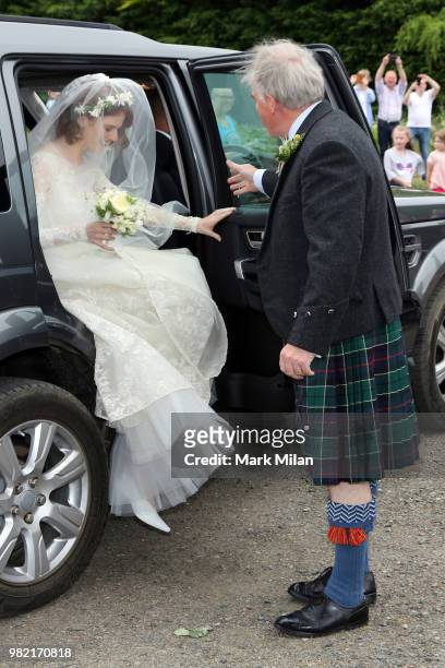 Rose Leslie arriving at Rayne Church in Kirkton on Rayne for the wedding of Kit Harrington and Rose Leslie on June 23, 2018 in Aberdeen, Scotland.