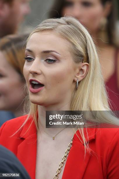 Sophie Turner arriving at Rayne Church in Kirkton on Rayne for the wedding of Kit Harrington and Rose Leslie on June 23, 2018 in Aberdeen, Scotland.