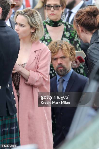 Peter Dinklage arriving at Rayne Church in Kirkton on Rayne for the wedding of Kit Harrington and Rose Leslie on June 23, 2018 in Aberdeen, Scotland.