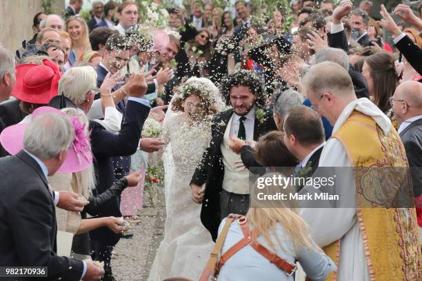 Kit Harrington and Rose Leslie departing Rayne Church in Kirkton on Rayne after their wedding on June 23, 2018 in Aberdeen, Scotland.