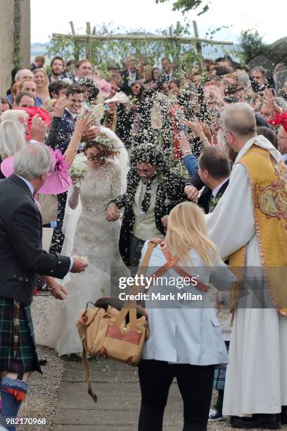 Kit Harrington and Rose Leslie departing Rayne Church in Kirkton on Rayne after their wedding on June 23, 2018 in Aberdeen, Scotland.