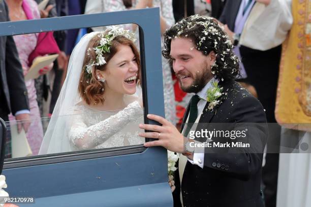Kit Harrington and Rose Leslie departing Rayne Church in Kirkton on Rayne after their wedding on June 23, 2018 in Aberdeen, Scotland.