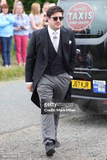 Marcus Mumford arriving at Rayne Church in Kirkton on Rayne for the wedding of Kit Harrington and Rose Leslie on June 23, 2018 in Aberdeen, Scotland.