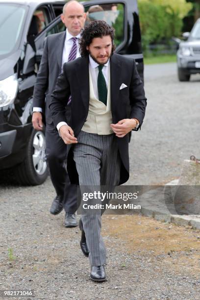 Kit Harrington arriving at Rayne Church in Kirkton on Rayne for the wedding of Kit Harrington and Rose Leslie on June 23, 2018 in Aberdeen, Scotland.