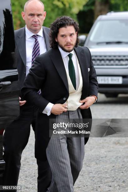 Kit Harrington arriving at Rayne Church in Kirkton on Rayne for the wedding of Kit Harrington and Rose Leslie on June 23, 2018 in Aberdeen, Scotland.