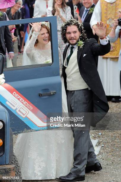 Kit Harrington and Rose Leslie departing Rayne Church in Kirkton on Rayne after their wedding on June 23, 2018 in Aberdeen, Scotland.