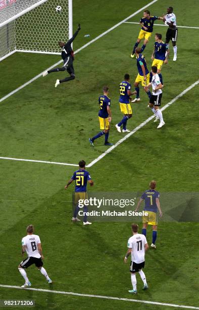 Toni Kroos of Germany scores his team's second goal during the 2018 FIFA World Cup Russia group F match between Germany and Sweden at Fisht Stadium...