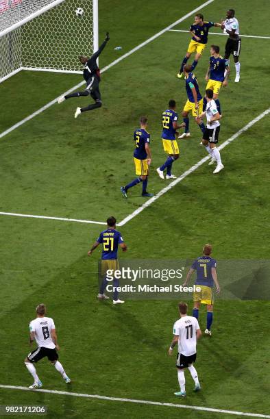 Toni Kroos of Germany scores his team's second goal during the 2018 FIFA World Cup Russia group F match between Germany and Sweden at Fisht Stadium...