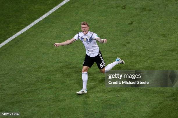 Toni Kroos of Germany celebrates scoring his sides winning goal during the 2018 FIFA World Cup Russia group F match between Germany and Sweden at...