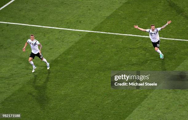 Toni Kroos of Germany celebrates scoring his sides winning goal during the 2018 FIFA World Cup Russia group F match between Germany and Sweden at...