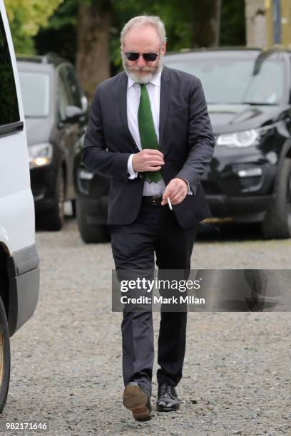 Liam Cunningham arriving at Rayne Church in Kirkton on Rayne for the wedding of Kit Harrington and Rose Leslie on June 23, 2018 in Aberdeen, Scotland.