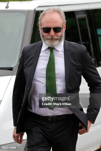 Liam Cunningham arriving at Rayne Church in Kirkton on Rayne for the wedding of Kit Harrington and Rose Leslie on June 23, 2018 in Aberdeen, Scotland.